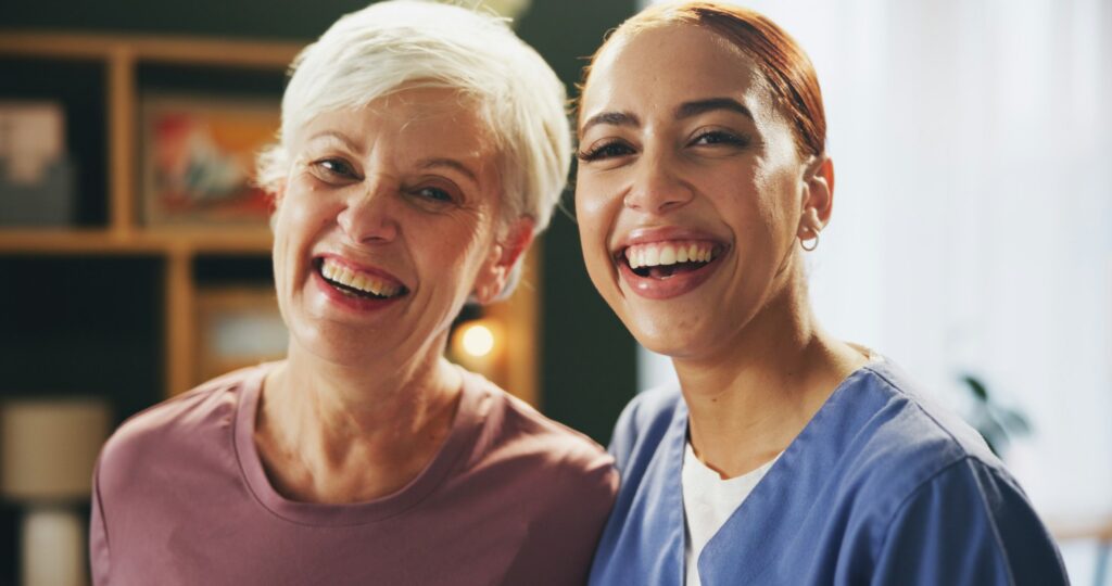 Senior woman, nurse and laugh portrait at physiotherapy consultation with smile and happy from reha